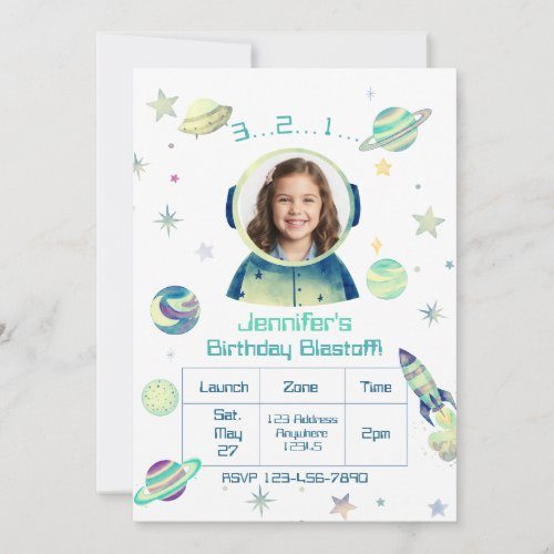 Birthday Blastoff Watercolor Space with Picture Invitation